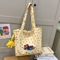 Light yellow canvas tote bag with colorful dots and a cute cartoon dog plush patch - With Pendant / Yellow