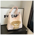Detail of pink heart-quilted nylon hobo bag featuring a cute plush teddy bear patch - Pink Brown Dog Style (SLT-2618)