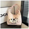 Close-up of pink quilted tote bag with heart patterns and puppy embroidery detail - Pink White Dog Style (SLT-2618)