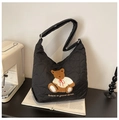 Detail shot of black quilted nylon tote bag with cute bear embroidery and embroidered slogan - Black Letter Bear Style (SLT-2618)