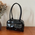 Retro black glossy leather Boston bag with dual front pockets and shoulder straps - No Pendant / Black