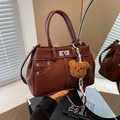 Vintage brown leather handbag with white contrast stitching and cute teddy bear charm - Caramel Brown (With Charm)