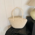 Creamy beige plush faux fur tote bag with leather straps and decorative bead accents - White