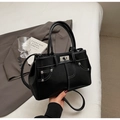 Black vintage leather handbag with white contrast stitching and silver turn-lock clasp - Black without Pendant