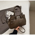 Retro deep olive green handbag with white contrast stitching and silver hardware lock - Khaki No Pendant
