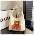 White quilted nylon tote bag featuring a cute plush bear with a red scarf accent - White Brown Bear Style (SLT-2618)