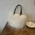 White faux fur tote bag with black leather handles for women's autumn winter fashion - White
