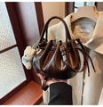 Dark brown pleated bucket bag in glossy oil wax finish with a cute plush bear charm - Coffee PU With Charm