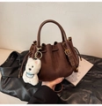 Dark brown suede bucket bag with drawstring and cute white plush bear pendant charm - Coffee Suede With Charm