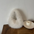 Chic beige faux fur dumpling bag with silver ring handle and metal chain strap - White