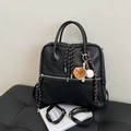 Versatile black leather briefcase and backpack with baseball charm and straps - Black with Pendant