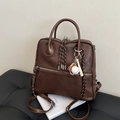 Dark brown faux leather backpack with baseball charms and striped rope zipper pulls - Coffee with Pendant