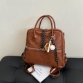 Vintage brown leather school briefcase with baseball charm and woven zipper pulls - Brown with Pendant