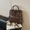 Zaino vintage marrone scuro in pelle cerata con spallacci regolabili e finiture argento - Caffè senza Ciondolo