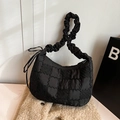 Fashionable black pleated nylon tote bag with quilted texture and ruched shoulder strap - Black