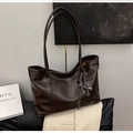 Large dark brown faux leather tote bag with cat charm for daily commute and casual use - Coffee with Pendant