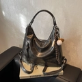 Brown vintage faux leather tote bag with tassel zipper and baseball keychain accessory - Black with Pendant