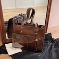 Dark brown leather tote bag with transparent PVC pocket and white contrast stitching - Coffee