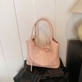 Elegant light pink shoulder bag featuring a delicate bow tie and synthetic leather finish - Style 2 (Thin Bow Tie) / Pink