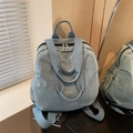 Light blue denim casual backpack with metallic dual zipper and woven handle - Light Blue