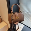 Vintage dark brown PU leather small square handbag with golden magnetic clasp buckle - With Charm / Brown
