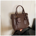 Dark brown grained leather tote bag with plaid hat charm and detachable shoulder strap - Coffee with Pendant