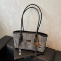 Classic houndstooth tote bag with black trim and creative tennis racket charm accessory - Black Check