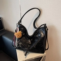 Black leather and velvet crossbody bag with golden hardware and plush bear charm - With Charm / Black