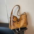 Caramel large capacity vintage shoulder bag with bear charm and braided decorative cord - With Charm / Khaki