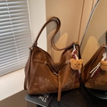 Brown large capacity tote bag with texture splicing design and plush bear charm - With Charm / Brown