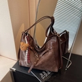 Deep brown large tote bag in smooth and suede faux leather with a cute bear charm - With Charm / Coffee