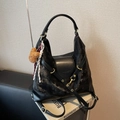 Versatile black patchwork tote bag with gold hardware and cute bear charm pendant - Black (With Charm)