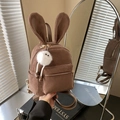 Brown faux suede mini backpack with cute bunny ears and a fuzzy pompom keychain charm - With Charm / Brown