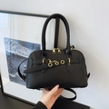 Retro schwarze Muscheltasche mit Lychee-Leder, goldenen Details und Handgriffen - Schwarz