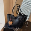 Classic black faux leather tote bag with shoulder straps and brown plush bear charm - Black (With Charm)