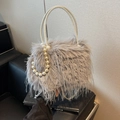 Chic grey faux fur bucket bag with elegant pearl handle and leather strap for women - Gray