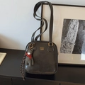 Dark gray square shoulder bag with plush bear charm and gold lettering detail - Black with Pendant