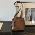 Retro dark brown square shoulder bag in leather finish with cute bear pendant charm - Brown with Pendant