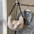 Beige corduroy hobo bag with high capacity and black-white woven shoulder strap - No Pendant / Off White