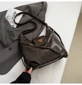 Minimalist large brown faux leather tote bag with vintage metal plaque and adjustable strap - No Pendant / Brown