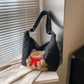 Black quilted heart pattern shoulder bag featuring a cute plush brown bear decoration - Black Type 1