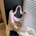 Pink quilted heart hobo bag featuring a 3D plush bear motif and wide shoulder strap - Pink Style 1