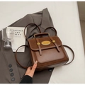 Brown vintage leather and suede backpack with golden metal buckle and top handle - No Pendant / Brown