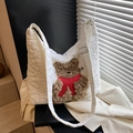 White quilted floral tote bag with cute brown plush bear patch and adjustable strap - White Type 1