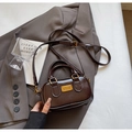 Deep brown glossy mini Boston bag with gold metal hardware and detachable strap - No Pendant / Brown