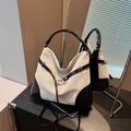 Bolso tote minimalista grande en ante sintético crema y contraste de cuero negro - Blanco Roto