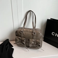 Glossy dark grey faux leather handbag with decorative bows and double shoulder straps - Gray
