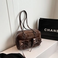 Retro dark brown glossy leather shoulder bag with decorative bows and front pockets - Brown