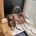 Brown litchi leather pillow bag with stylish leopard print plush heart pendant - Brown with Pendant