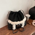 Fashionable black leather backpack with white faux fur trim and metal butterfly ornament - Black